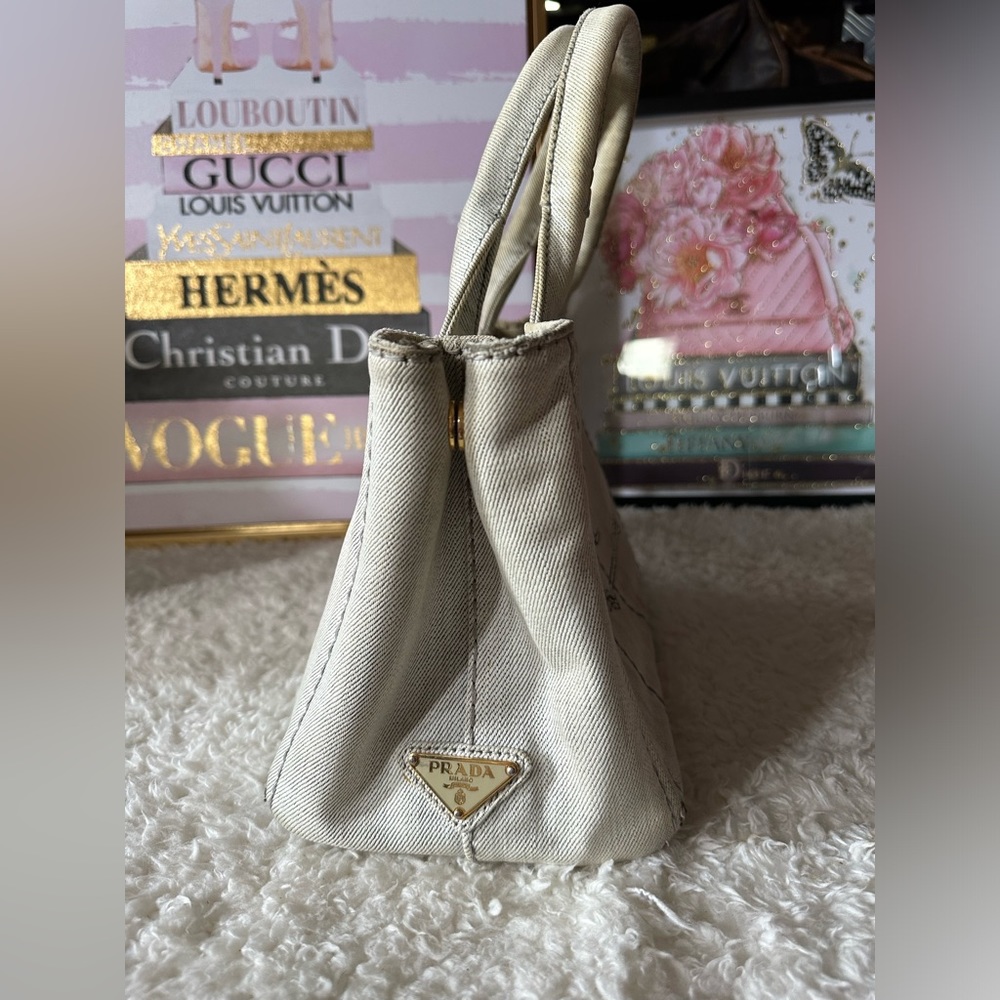Vintage Prada Small Canapa Denim Logo Tote in Bianco Grey/white - Picture 5 of 16